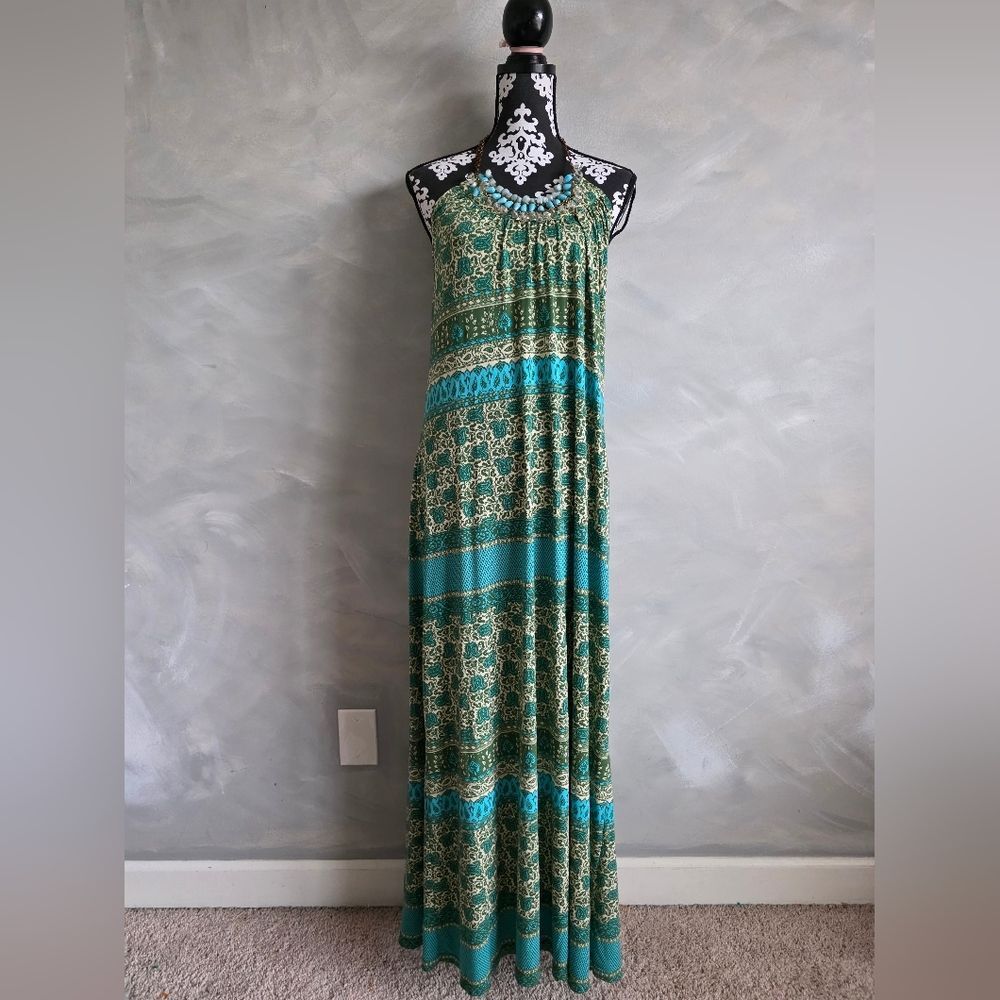 Blue Green Jeweled Neck Halter Low Back Maxi Sundress Sz XL NY Collection